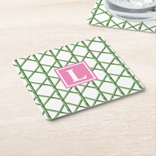 Preppy Green Trellis Bamboo Pattern Monogram Square Paper Coaster (Angled)