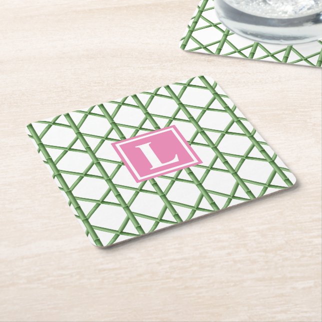 Preppy Green Trellis Bamboo Pattern Monogram Square Paper Coaster (Angled)