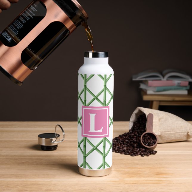 Preppy Green Trellis Bamboo Pattern Monogram Water Bottle (Coffee)