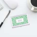 Preppy Green & White Bamboo Lattice Pattern Business Card Holder<br><div class="desc">Carry your business cards in classic preppy style with our chic personalized card case. This design has a retro tropical vibe, with a geometric bamboo lattice pattern in vibrant green and white, and your name, monogram or company name in coordinating navy blue lettering. Designer tip: to maintain the unique effect...</div>