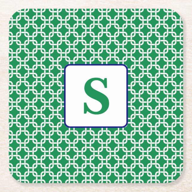 Preppy Green White Link Pattern Navy Monogram  Square Paper Coaster (Front)