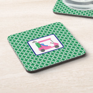 Preppy Green White Link Pattern Pink Golf Cart Coaster