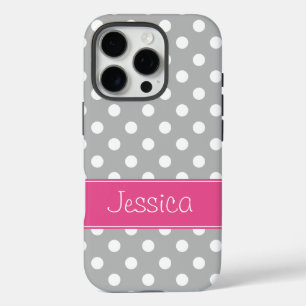 Preppy Grey and White Polka Dots Personalized iPhone 16 Pro Case