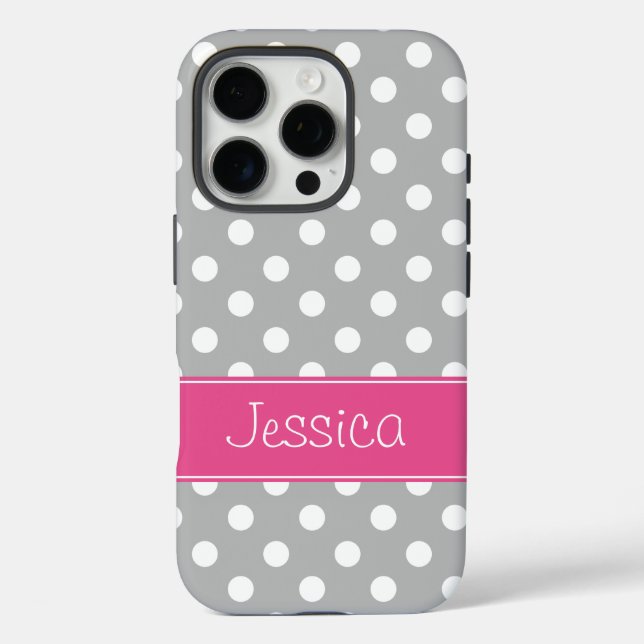 Preppy Grey and White Polka Dots Personalized Case-Mate iPhone Case (Back)