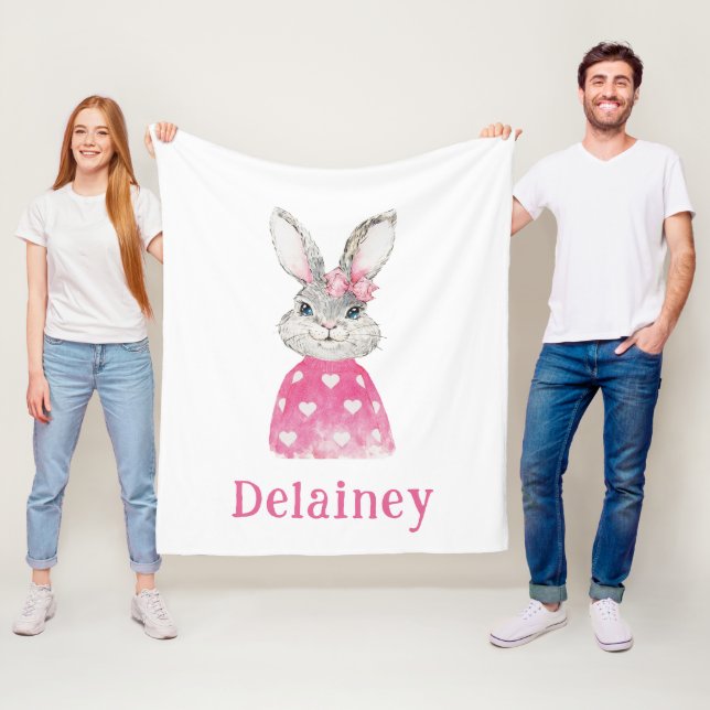 Preppy Grey Bunny Pink Heart Sweater Personalized Fleece Blanket (In Situ)