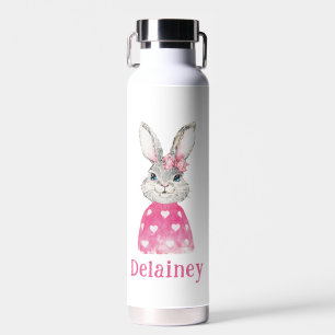 Preppy Grey Bunny Pink Heart Sweater Personalized Water Bottle