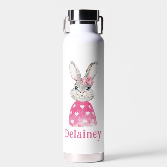 Preppy Grey Bunny Pink Heart Sweater Personalized Water Bottle (Front)