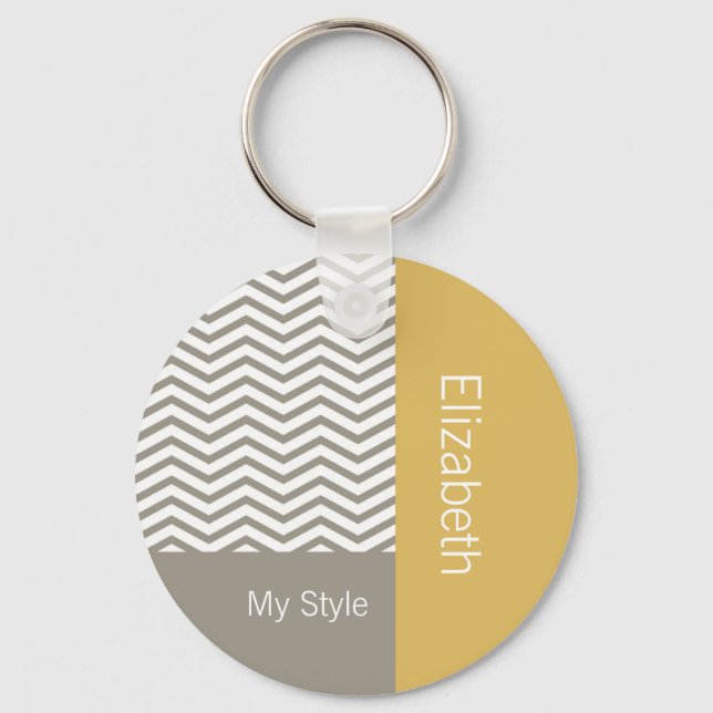 Preppy Grey Chevron Yellow Geometric With Name Keychain (Front)