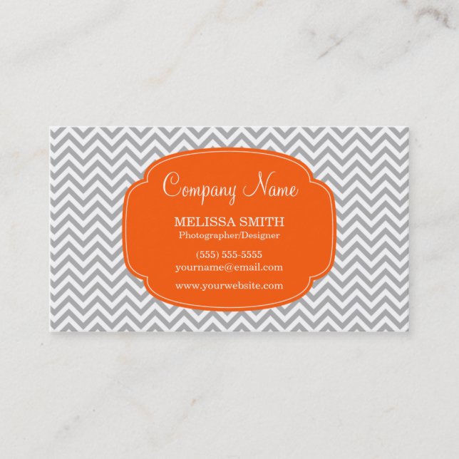 Preppy Grey Orange Chevron Pattern Business Card (Front)