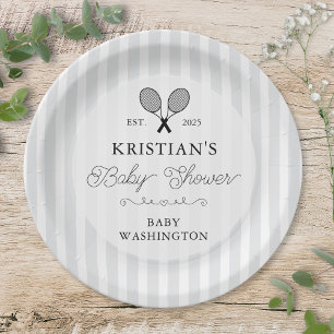 Preppy Grey Tennis Country Club Baby Shower Paper Plate