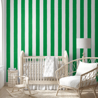 Preppy Hand-Drawn Bold Stripe in Green & White Wallpaper