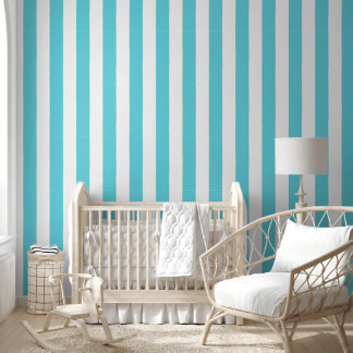 Preppy Hand-Drawn Bold Stripe in White & Aqua Wallpaper