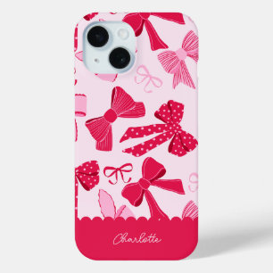 Preppy Hand Drawn Coquette Pink Red Bows iPhone 15 Case