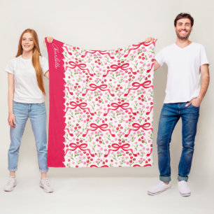 Preppy Hand Drawn Coquette Pink Red Bows Fleece Blanket