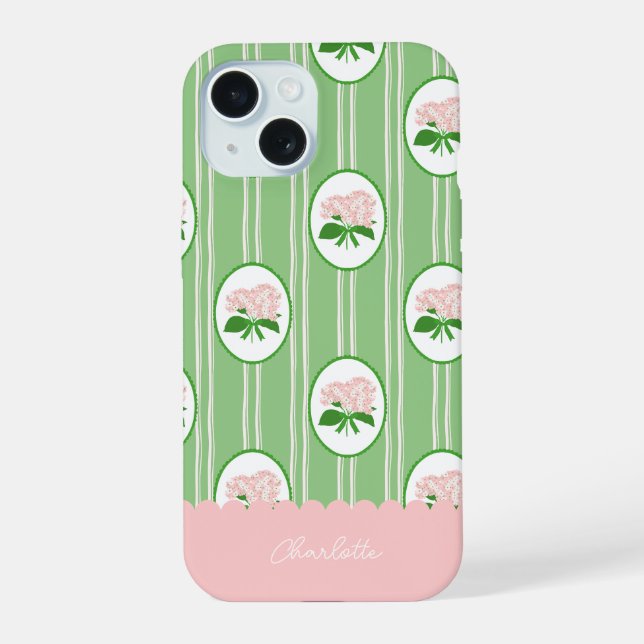 Preppy Hand Drawn Hydrangea Pink Green Frame iPhone 15 Case (Back)