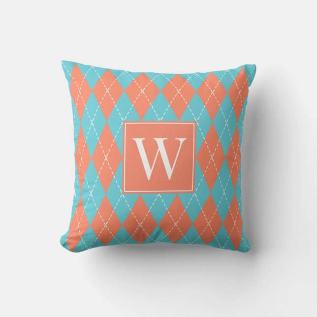 Preppy Hand-Stitched Argyle – Coral & Turquoise Throw Pillow (Front)