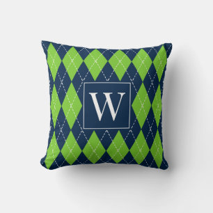 Preppy Hand-Stitched Argyle – Navy & Lime Throw Pillow