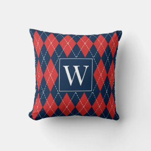Preppy Hand-Stitched Argyle – Red White & Navy Throw Pillow