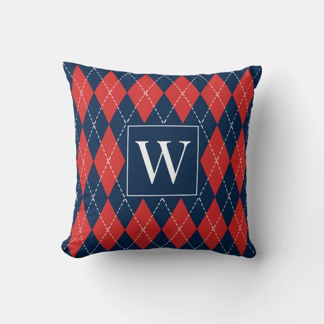 Preppy Hand-Stitched Argyle – Red White & Navy Throw Pillow (Front)