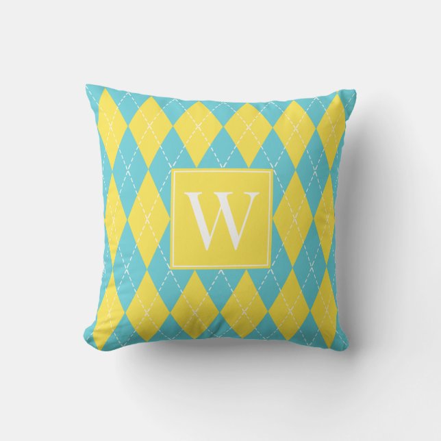 Preppy Hand-Stitched Argyle – Yellow & Turquoise Throw Pillow (Front)