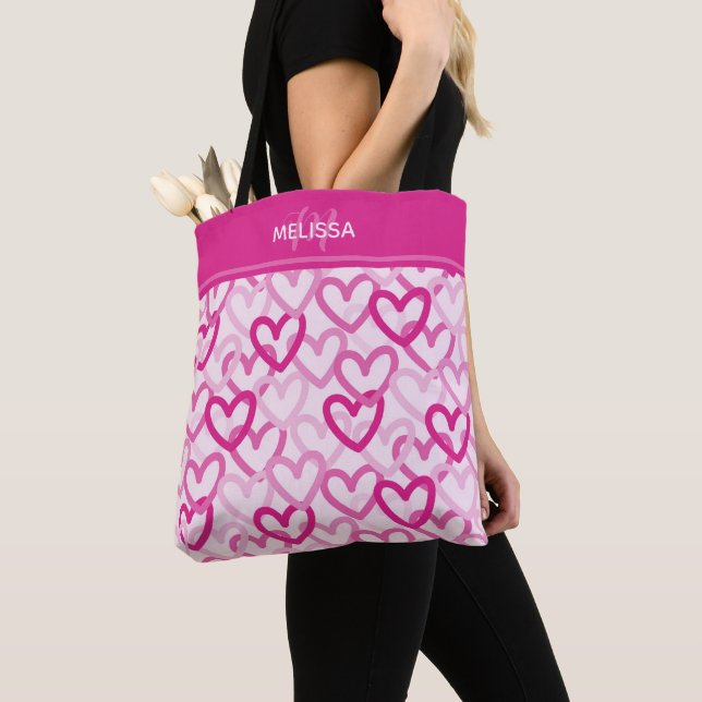 Preppy Hearts Pink Tote Bag (Close Up)