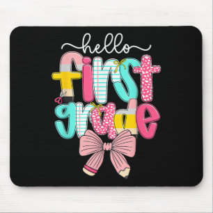 Preppy Hello 1st Grade Teacher Coquette Bow Back T Mouse Pad
