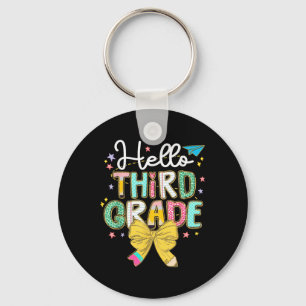 Preppy Hello 3rd Grade Teacher Coquette Bow Back T Keychain