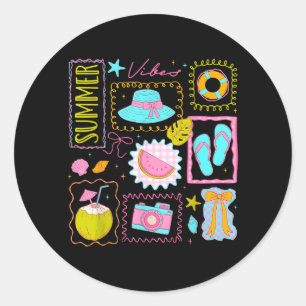 Preppy Hello Summer Vibes Beach Vacation Men Women Classic Round Sticker