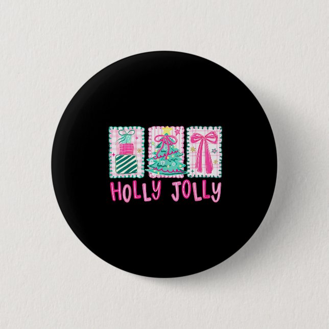 Preppy Holly Xmas Jolly Coquette Bow Christmas Tre 2 Inch Round Button (Front)