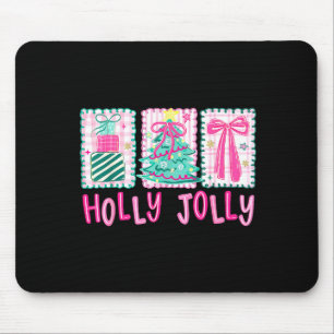 Preppy Holly Xmas Jolly Coquette Bow Christmas Tre Mouse Pad