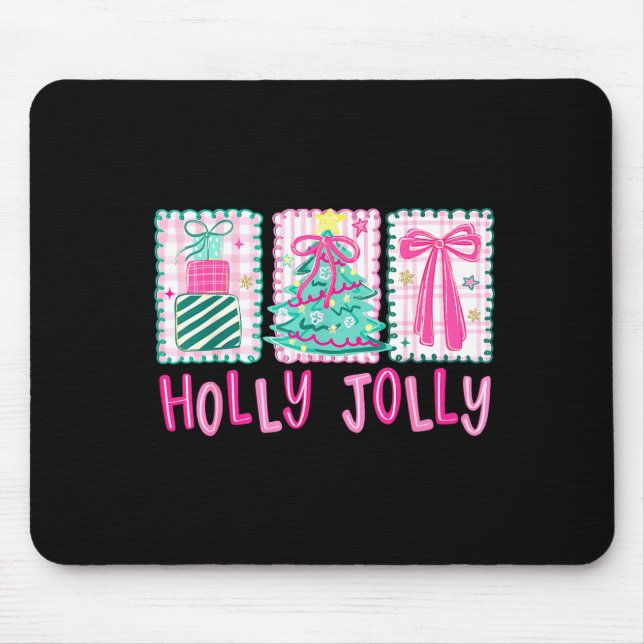 Preppy Holly Xmas Jolly Coquette Bow Christmas Tre Mouse Pad (Front)