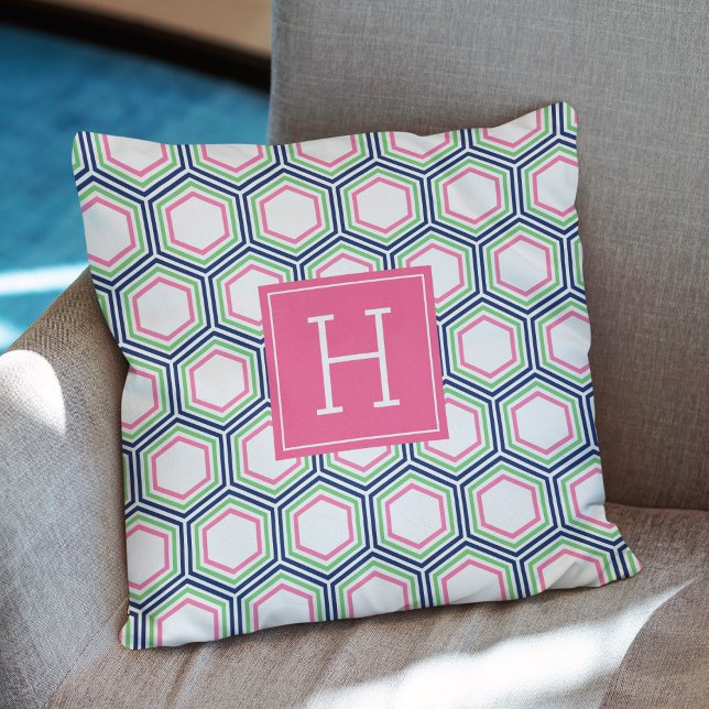 Preppy Honeycomb Pattern Monogram Throw Pillow (Creator Uploaded)