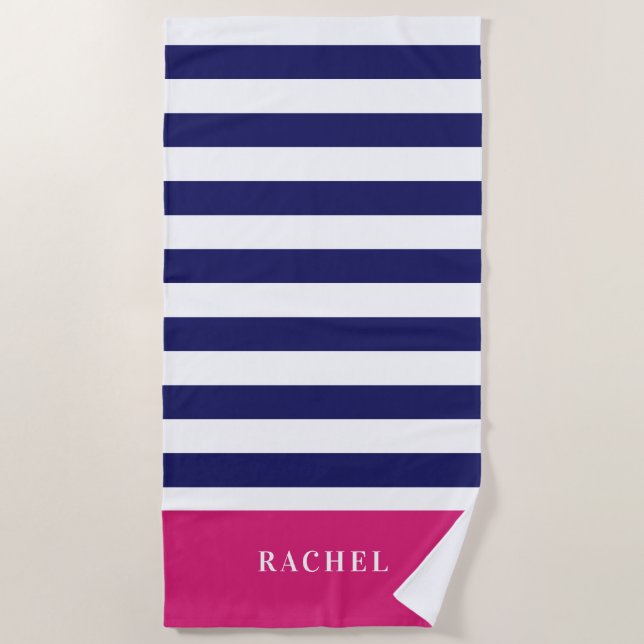 Preppy Hot Pink and Navy Blue Stripes Monogram Beach Towel (Front)