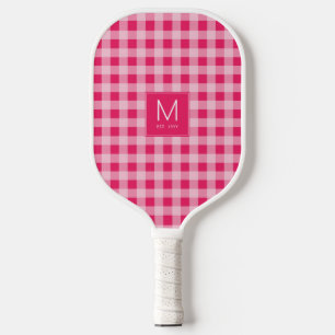 Preppy Hot Pink Gingham Monogram Established Est Pickleball Paddle