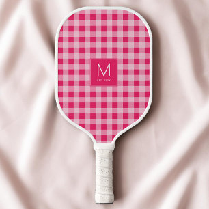 Preppy Hot Pink Gingham Monogram Established Est Pickleball Paddle