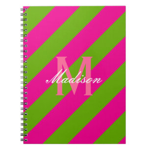 Preppy Hot Pink & Lime Green Striped Monogram Notebook
