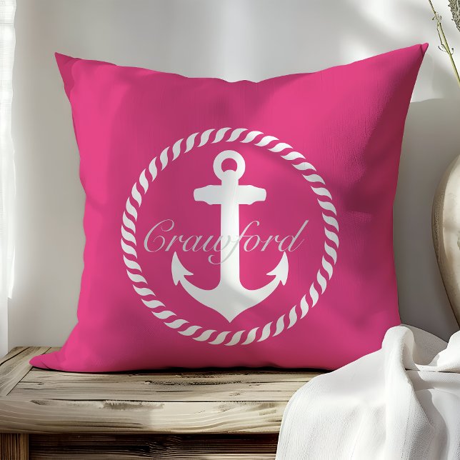 Preppy Hot Pink & White Nautical Anchor Monogram Throw Pillow (Creator Uploaded)