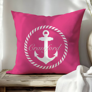 Preppy Hot Pink & White Nautical Anchor Monogram Throw Pillow