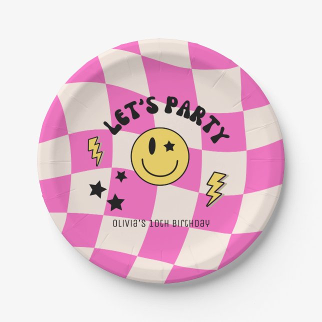 Preppy Hot Pink Y2K Retro Birthday Paper Plate (Front)