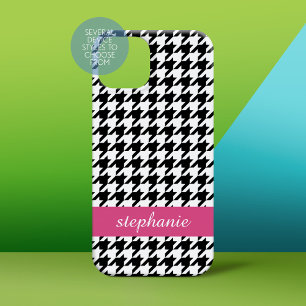 Preppy Houndstooth Pattern Black and Hot Pink iPhone 15 Case
