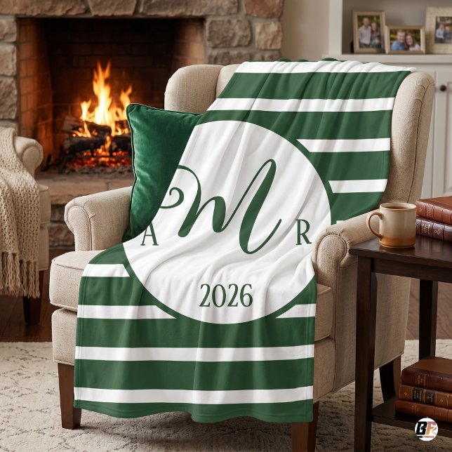 Preppy Hunter Green Striped Custom Monogram & Year Fleece Blanket (#houseparty)