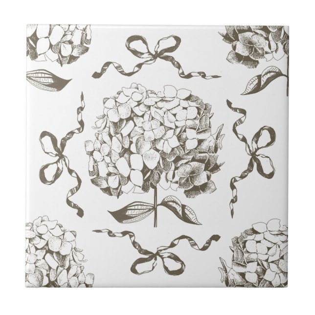 Preppy Hydrangea Bow Beige Seamless Toile Pattern Tile (Front)