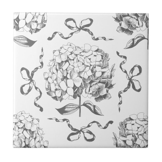 Preppy Hydrangea Bow Grey Seamless Toile Pattern Tile (Front)