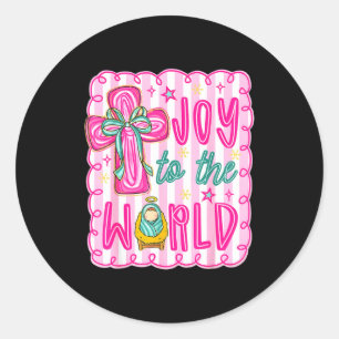 Preppy Joy To The World Christian Christmas Cross  Classic Round Sticker