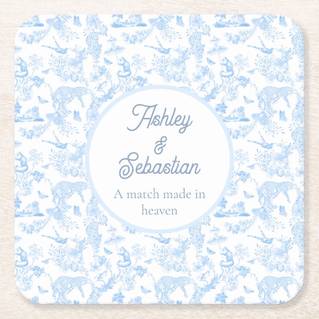 Preppy Jungle Chinoiserie Toile Square Paper Coaster (Front)