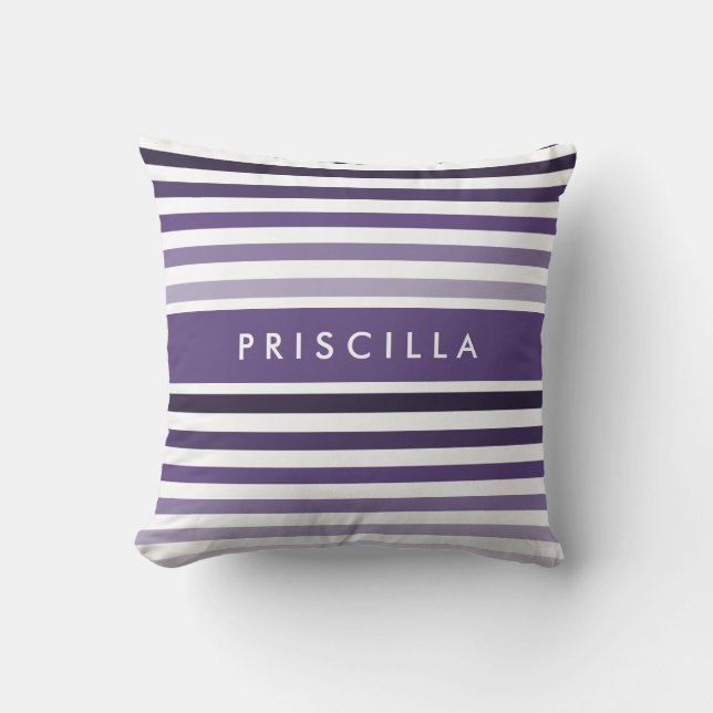 Preppy Large Striped Pattern With Name in Purple Throw Pillow (Front)