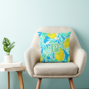 Preppy Lemon Pattern Blue Monogram Throw Pillow