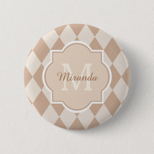 Preppy Light Brown Argyle Girly Monogram and Name 2 Inch Round Button