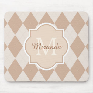 Preppy Light Brown Argyle Girly Monogram and Name Mouse Pad