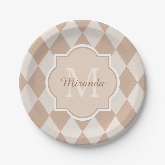 Preppy Light Brown Argyle Girly Monogram and Name Paper Plate (Front)